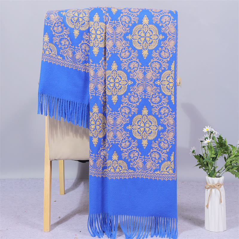 Buddhist Blessing Polyester Shawl Symmetry Gold Filigree Embroidery Tassel Winter Cozy Travel Scarf Wrap
