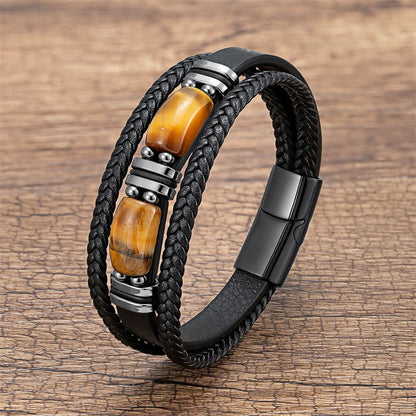 Buddhist Blessing Tiger Eye Stone Courage Willpower Multi-layer Leather Bracelet