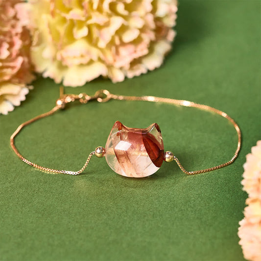 Buddhist Blessing 925 Sterling Silver Faceless Cat Head Natural Red Flower Quartz Passion Bracelet