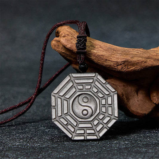 Buddhist Blessing Silver Sheen Obsidian Bagua Yin Yang Symbol Protection Necklace Pendant