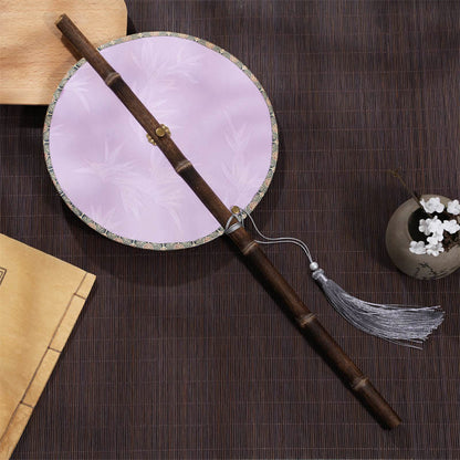 Buddhist Blessing Handmade Cherry Bamboo Leaf Grape Pattern Long Purple Bamboo Handle Portable Curlable Fan