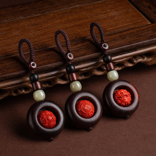 Buddhist Blessing Tibet Om Mani Padme Hum PiXiu Copper Coin Small Leaf Red Sandalwood Cinnabar Protection Key Chain