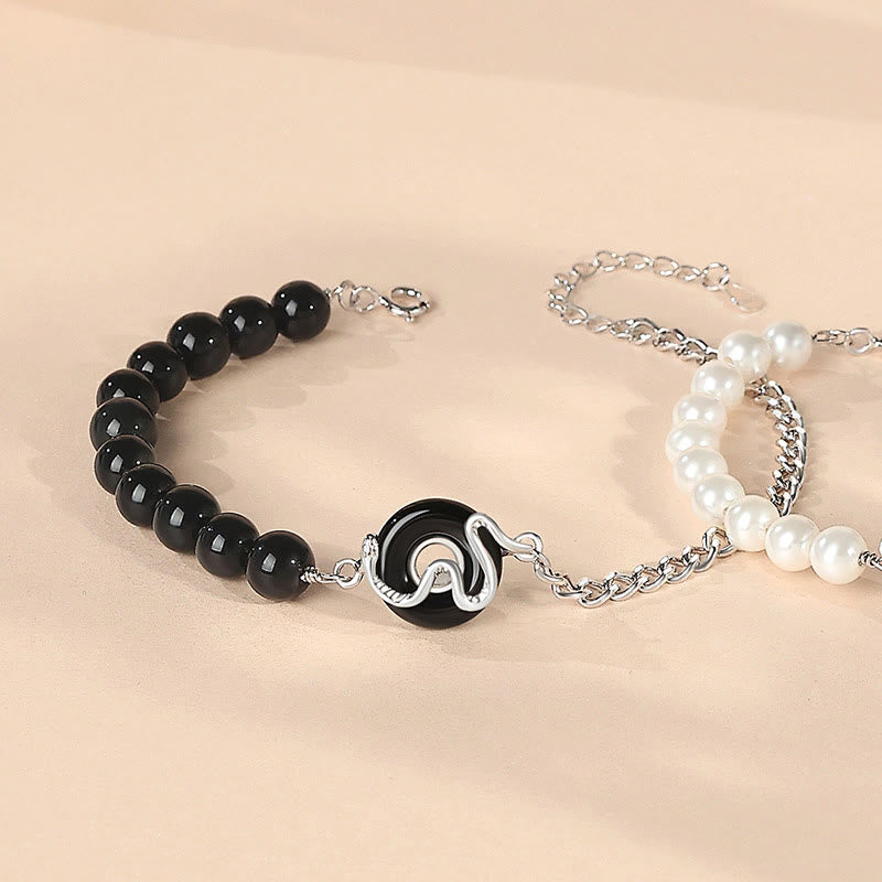 Buddhist Blessing Black Obsidian Black Onyx Chalcedony Peace Buckle 925 Sterling Silver Year Of The Snake Pearl Purification Couple's Bracelet