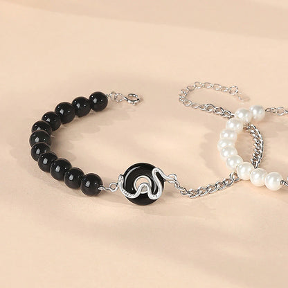 Buddhist Blessing Black Obsidian Black Onyx Chalcedony Peace Buckle 925 Sterling Silver Year Of The Snake Pearl Purification Couple's Bracelet