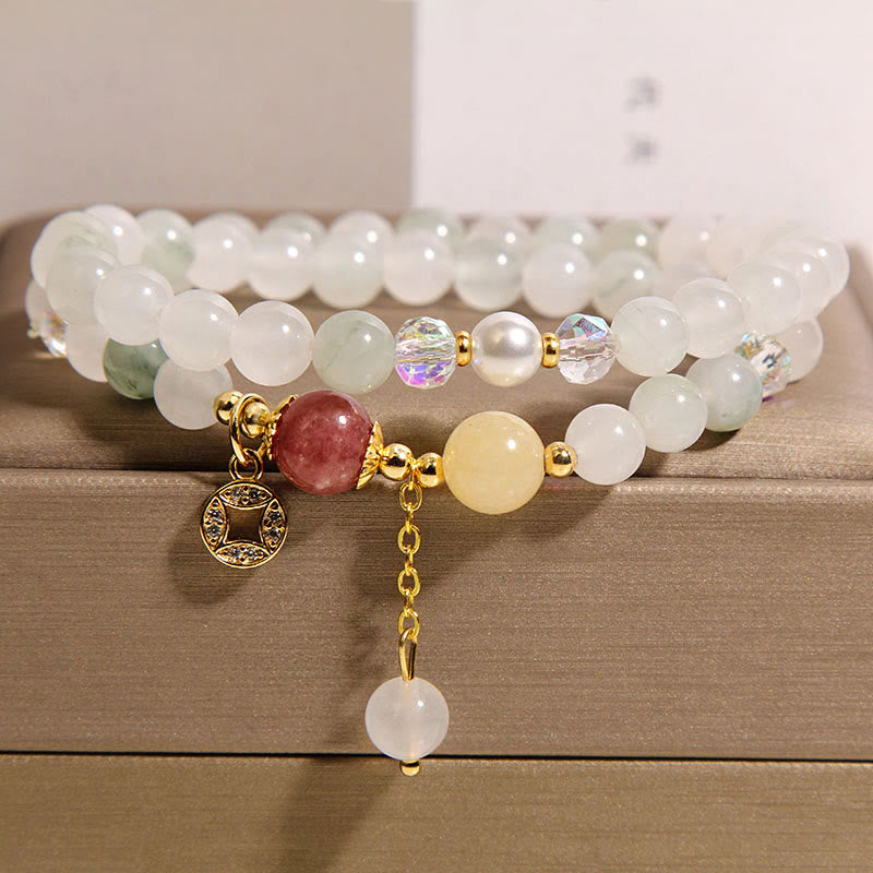 Buddhist Blessing Tourmaline Purple Jade Aquamarine Jade Copper Coin Positive Double Wrap Bracelet