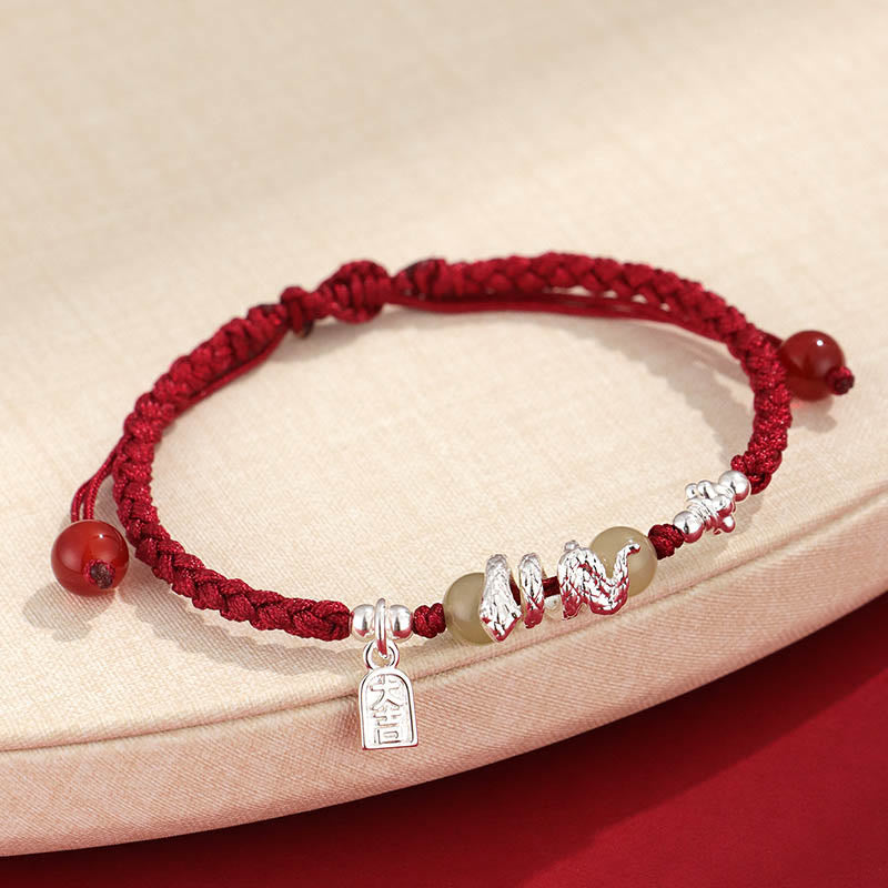Buddhist Blessing Hetian Jade Year of the Snake String Protection Braided Bracelet
