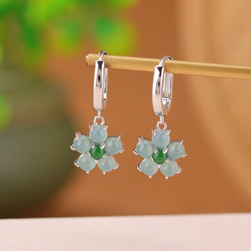 Buddhist Blessing 925 Sterling Silver Plated Gold Green Jade Flower Design Luck Prosperity Earrings