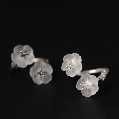 Buddhist Blessing 925 Sterling Silver White Crystal Double Plum Blossom Flower Adjustable Protection Ring