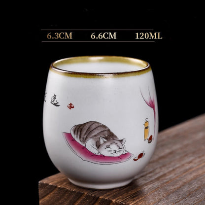 Buddhist Blessing Cute Lying Cat Branches Teacup Kung Fu Tea Cup With Gift Box