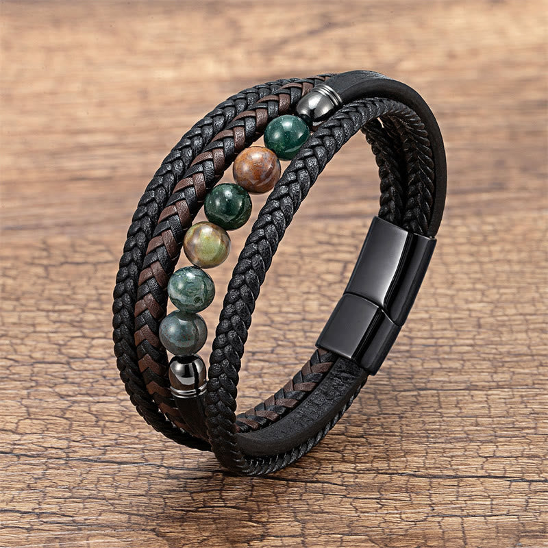 Buddhist Blessing Tiger Eye Lava Rock Black Onyx Lazurite Hematite Bead Positive Leather Bracelet