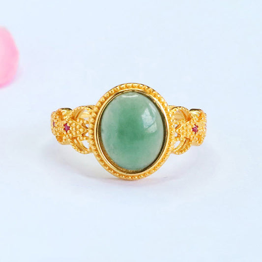 Buddhist Blessing Natural 925 Sterling Silver Plated Gold Hollow Design Jade Luck Ring