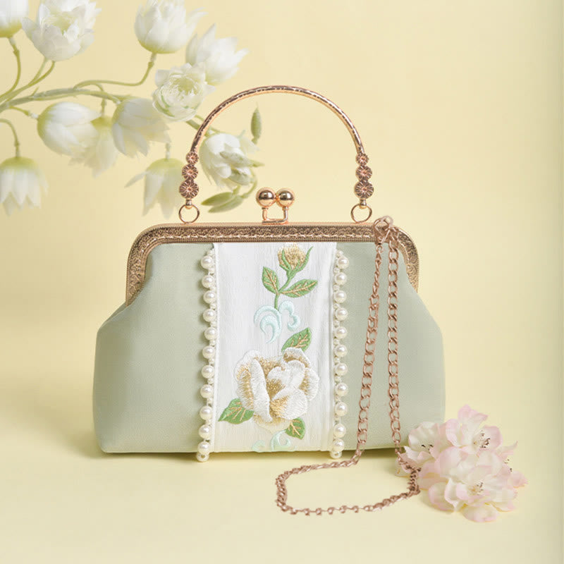 Buddhist Blessing Double-sided Flowers Embroidery Pearl Pendant Metal Chain Crossbody Bag Handbags