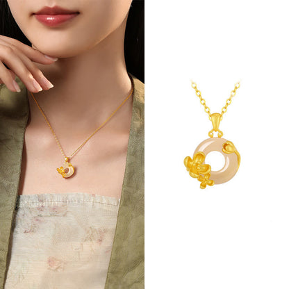 Buddhist Blessing Chalcedony 925 Sterling Silver Peace Buckle Flowers Necklace Pendant