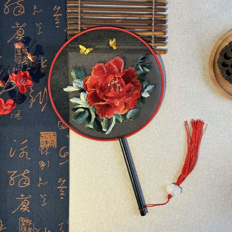 Buddhist Blessing Peony Flowers Butterfly Embroidered Handheld Wood Handle Fan