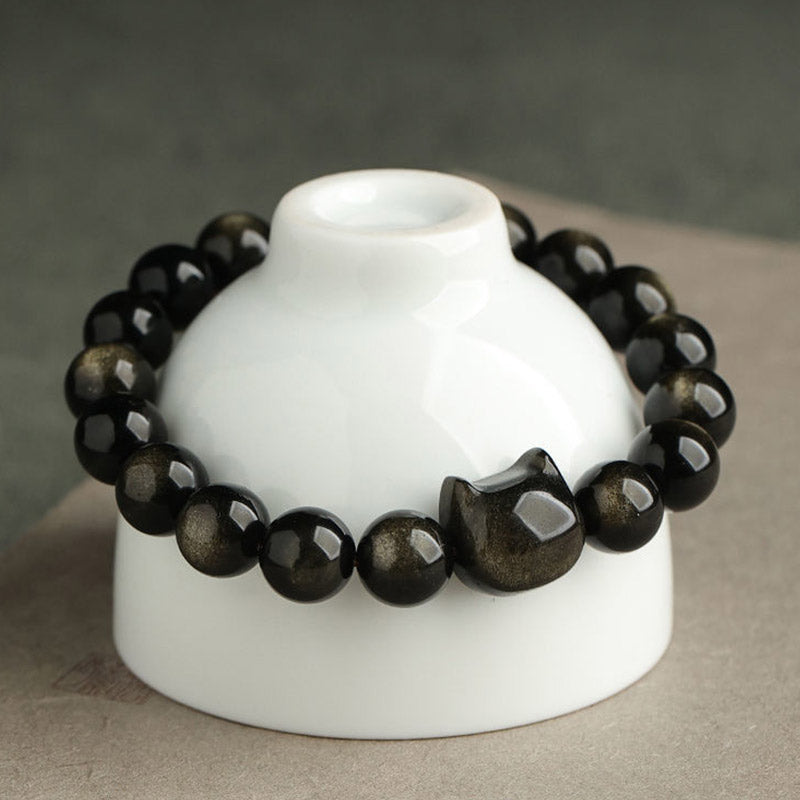 Buddhist Blessing Gold Sheen Obsidian Silver Sheen Obsidian Lovely Paw Lucky Cat Protection Bracelet