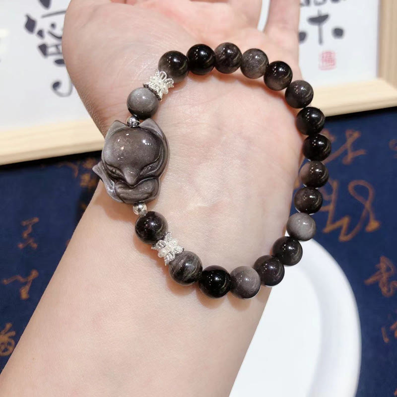 Buddhist Blessing Natural Silver Sheen Obsidian Nine Tailed Fox Communication Bracelet