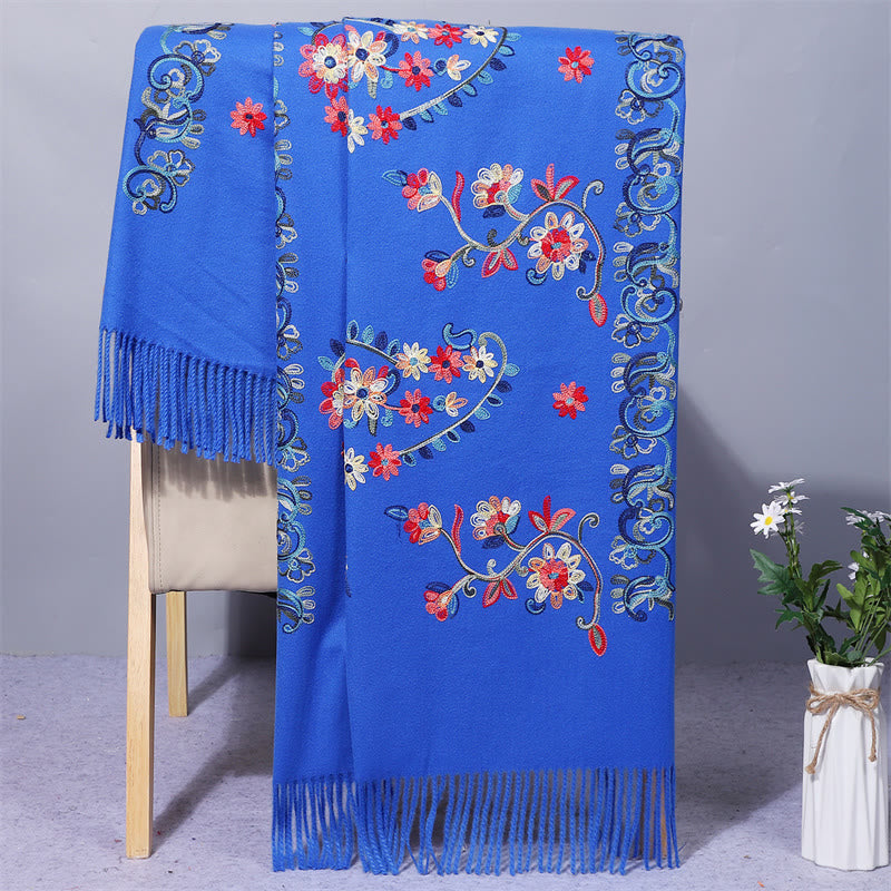 Buddhist Blessing Polyester Shawl Colorful Flower Ethnic Style Embroidery Tassel Winter Cozy Travel Scarf Wrap