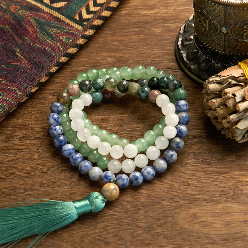 Buddhist Blessing 108 Mala Beads Natural Green Aventurine Blue Spot Jasper Indian Agate Green Tassel Luck Bracelet