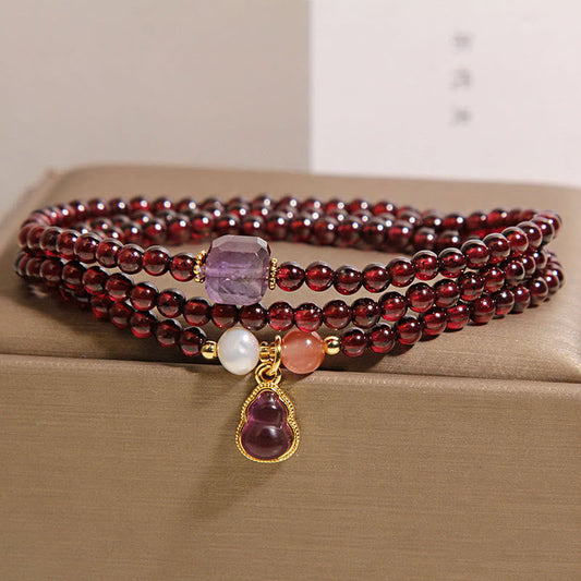 Buddhist Blessing Natural Garnet Amethyst Gourd Protection Multi-Layer Bracelet