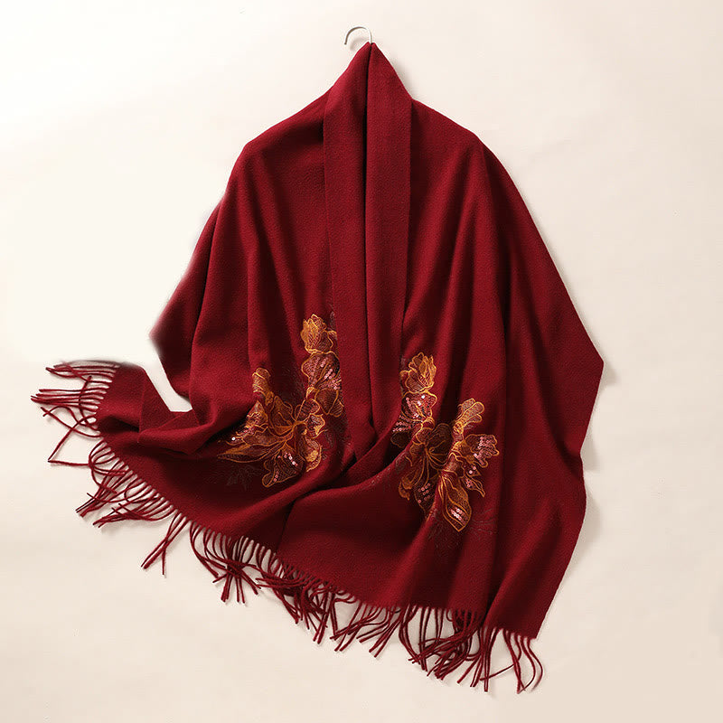 Buddhist Blessing Wool Shawl Flower Sequin Embroidery Tassel Winter Cozy Travel Scarf Wrap