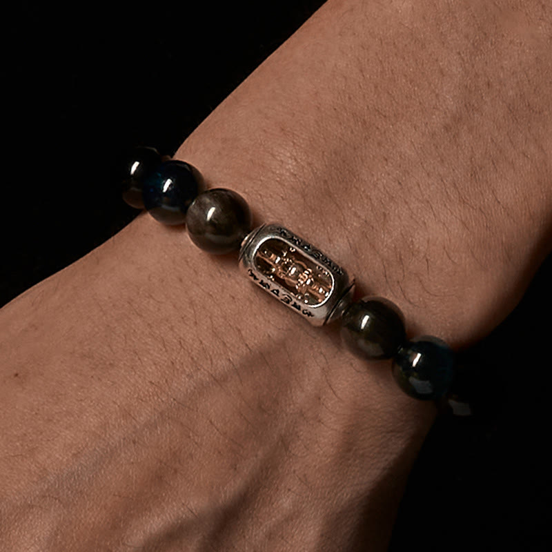 Buddhist Blessing Natural Silver Sheen Obsidian Blue Tiger Eye Om Mani Padme Hum Soothing Bracelet