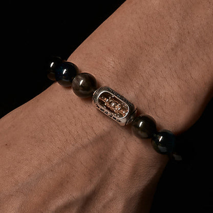Buddhist Blessing Natural Silver Sheen Obsidian Blue Tiger Eye Om Mani Padme Hum Soothing Bracelet