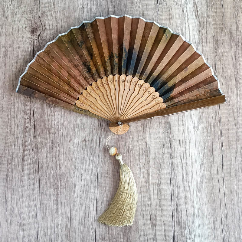 Buddhist Blessing Flower Persimmon Bamboo Leaves Xiangyunsha Silk Handheld Bamboo Folding Fan
