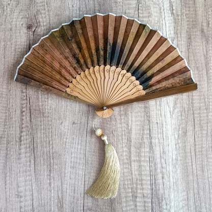 Buddhist Blessing Flower Persimmon Bamboo Leaves Xiangyunsha Silk Handheld Bamboo Folding Fan