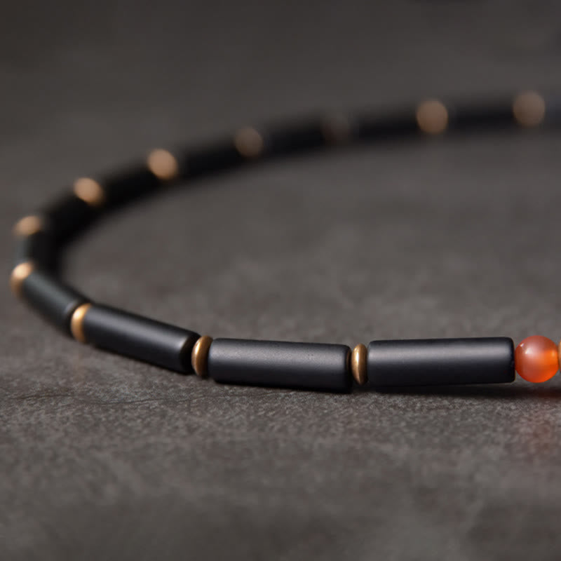 Buddhist Blessing Black Onyx Copper Dzi Bead Cone Pendant Double Wrap Protection Bracelet