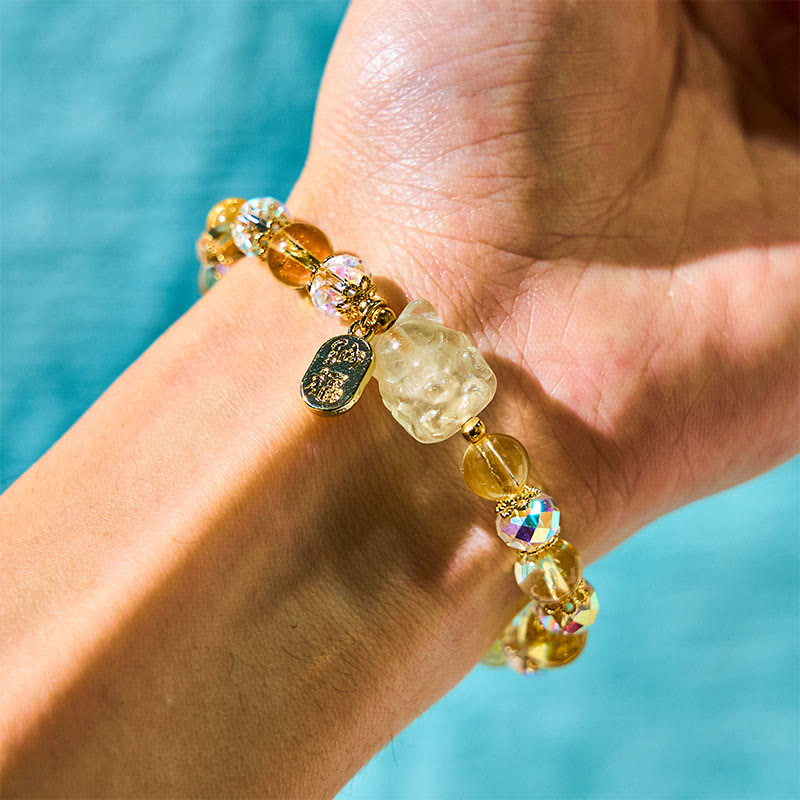 Buddhist Blessing Natural Citrine White Crystal Nine Tailed Fox Attracting Wealth Charm Energy Bracelet