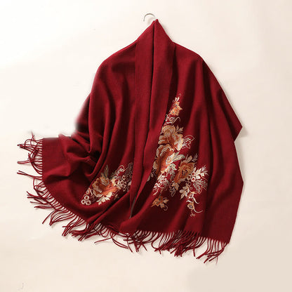 Buddhist Blessing Wool Shawl Red Pink Flower Embroidery Tassel Winter Cozy Travel Scarf Wrap