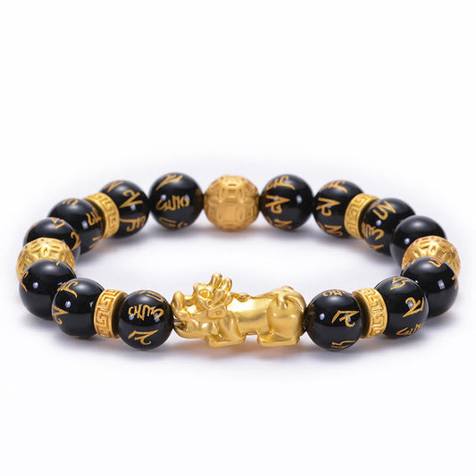 Buddhist Blessing Black Obsidian Black Onyx Alloy PiXiu Om Mani Padme Hum Strength Bracelet