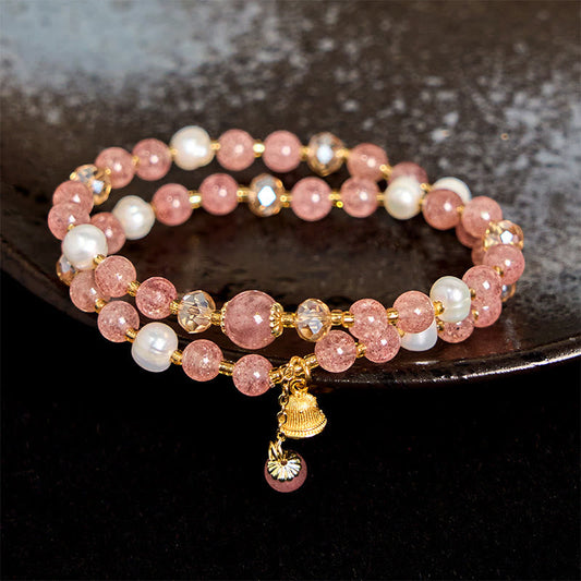 Buddhist Blessing Natural Strawberry Quartz Pearl Bell Healing Double Wrap Bracelet
