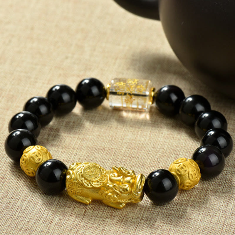 Buddhist Blessing Fengshui Copper Pixiu Rainbow Obsidian Beads Wealth Bracelet