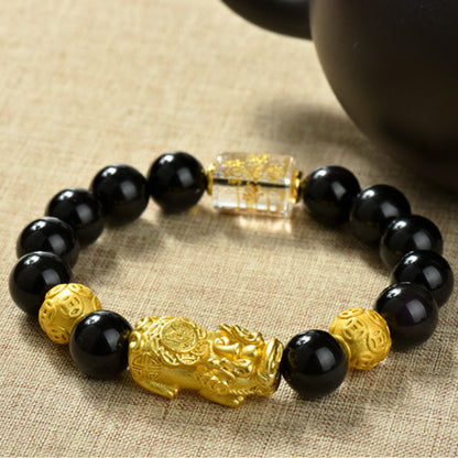 Buddhist Blessing Fengshui Copper Pixiu Rainbow Obsidian Beads Wealth Bracelet