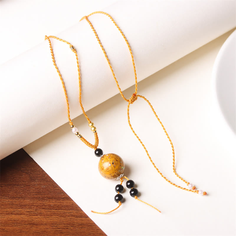 Buddhist Blessing Ebony Wood Aurora Lacquer Craft Bead Pearl Balance Necklace Pendant