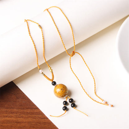 Buddhist Blessing Ebony Wood Aurora Lacquer Craft Bead Pearl Balance Necklace Pendant