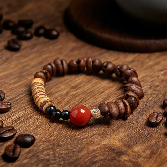 Buddhist Blessing Natural Coffee Beans Red Agate Coconut Shell Beads Bracelet