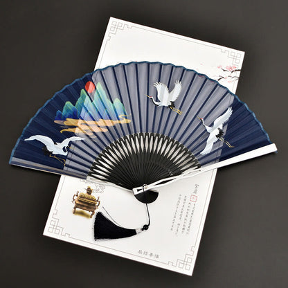 Buddhist Blessing Cranes Auspicious Clouds Solid Color Gradient Handheld Cotton Linen Fabric Bamboo Folding Fan