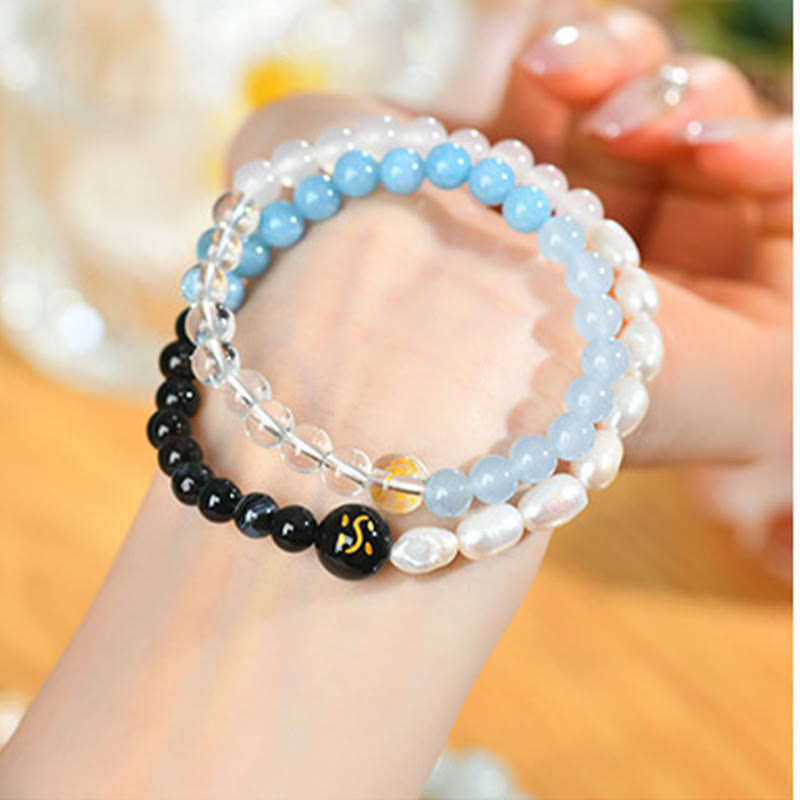 Buddhist Blessing Five Elements Various Agate Crystal Pearl Black Onyx White Agate White Crystal Luck Bracelet