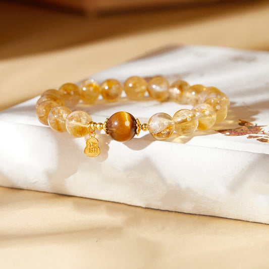Buddhist Blessing 925 Sterling Silver Gourd Fu Character Citrine Tiger Eye Prosperity Bracelet