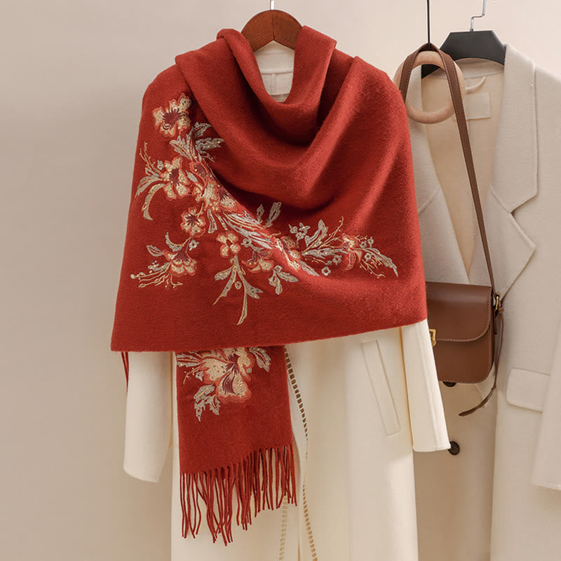 Buddhist Blessing Wool Shawl Red Flower Gold Sequins Embroidery Tassel Winter Cozy Travel Scarf Wrap