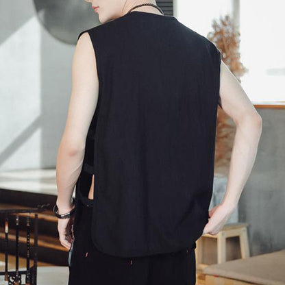 Buddhist Blessing Casual Chinese Frog-Button Men's Cotton Vest Waistcoat With Pockets