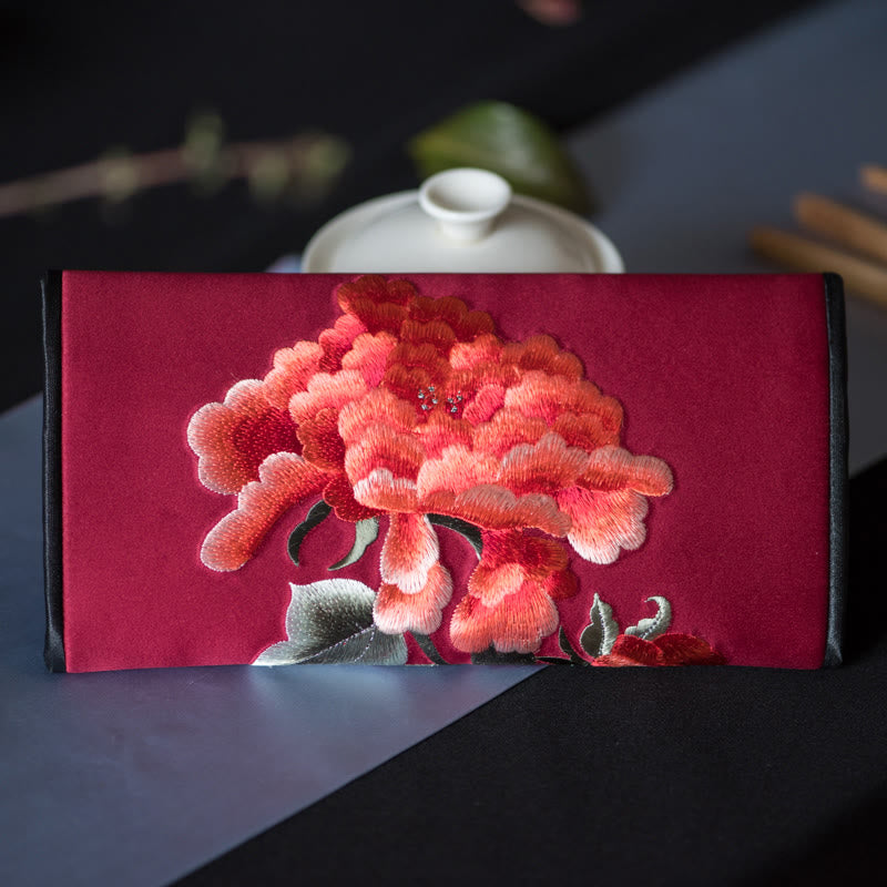 Buddhist Blessing Peony Flower Su Embroidery Journey Shopping Long Purse Handbag