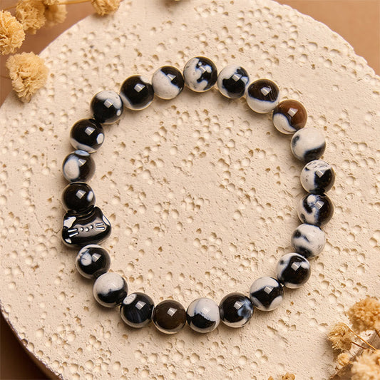 Buddhist Blessing Black and White Cat Fire Agate Confidence Bracelet