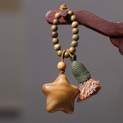 Buddhist Blessing Natural Green Sandalwood Colored Rope Tassels Star Moon Abundance Key Chain