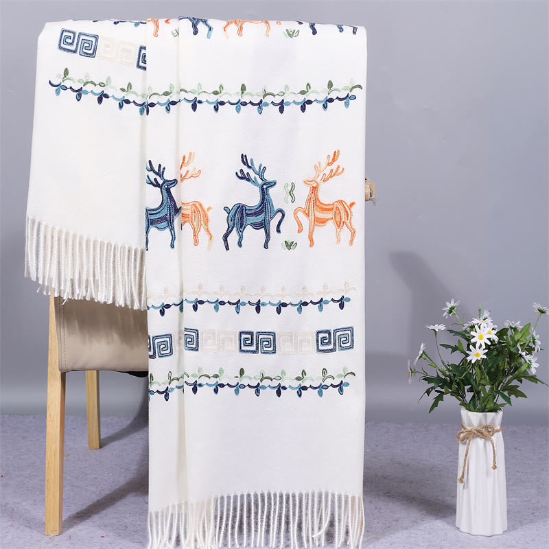 Buddhist Blessing Rayon Fabric Shawl Sika Deer Embroidery Tassel Winter Cozy Travel Scarf Wrap