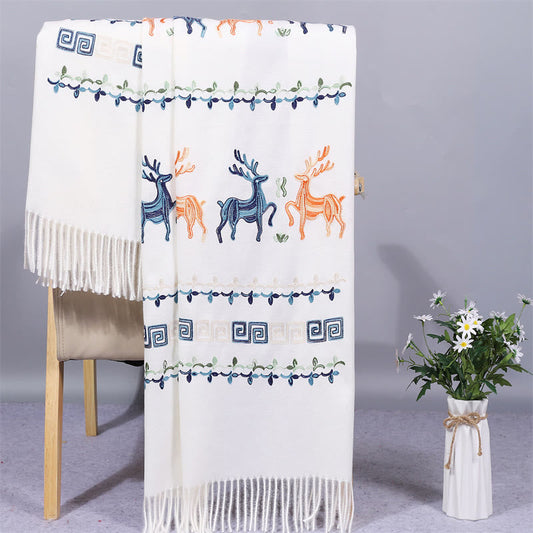 Buddhist Blessing Rayon Fabric Shawl Sika Deer Embroidery Tassel Winter Cozy Travel Scarf Wrap
