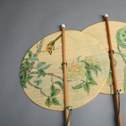 Buddhist Blessing Handmade Birds Flowers Persimmons Fruit Koi Fish Lotus Bamboo Long Handle Portable Curlable Fan