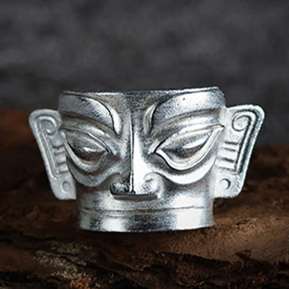 Buddhist Blessing 999 Sterling Silver Hand Casting Sanxingdui Mask Protection Ring